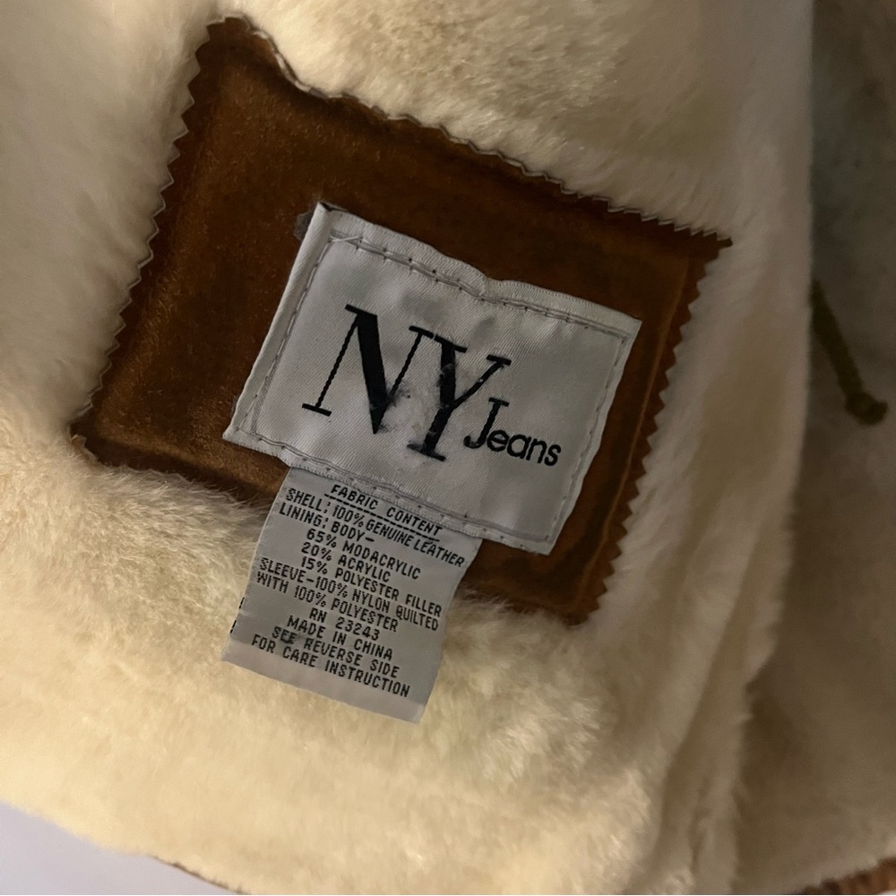 Vintage NY Jeans Cinnamon Brown Leather Coat Shearling Lining Front Toggles M - Picture 10 of 16